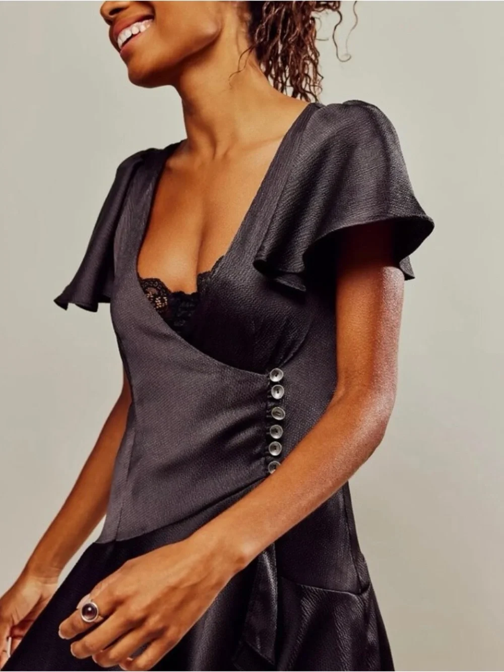 NWT Free People Scarlett Black Satin Wrap Mini Dress with Button Detail size xs